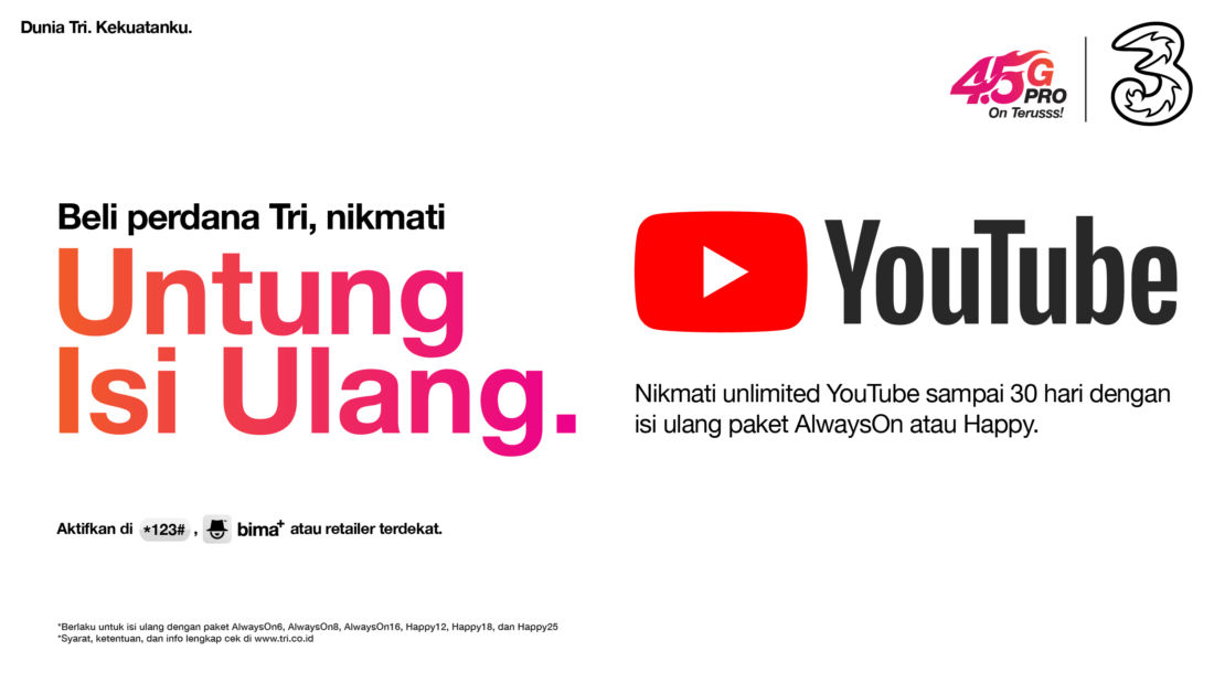 Provider 3 beri kuota unlimited untuk nonton YouTube hanya dengan isi ulang